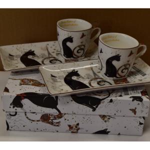 Cica mintás kávés csésze + alátét, díszdobozban