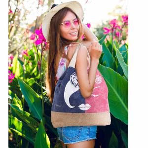 Farmer és juta hatású szövettáska Woman's Face, fogantyúkkal