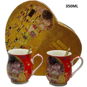 Klimt porcelán bögre kanállal 350 ml - 2 személyes készlet - szív dobozos, 2 féle színben