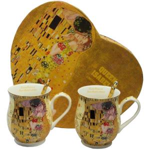 Klimt porcelán bögre kanállal 350 ml - 2 személyes készlet - szív dobozos, 2 féle színben