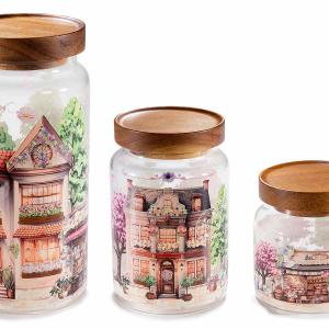 Különleges falusi mintával díszített 3 db-os tároló üveg szett tetővel