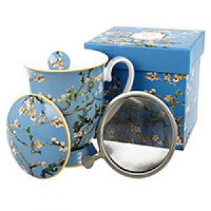 Van Gogh Mandulavirágzás vagy Íriszek porcelán bögre fémszűrővel és tetővel 270 ml - díszdobozos