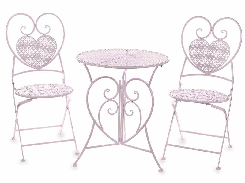 Kerti asztal és szék szett, fémből készült, halvány rózsaszín