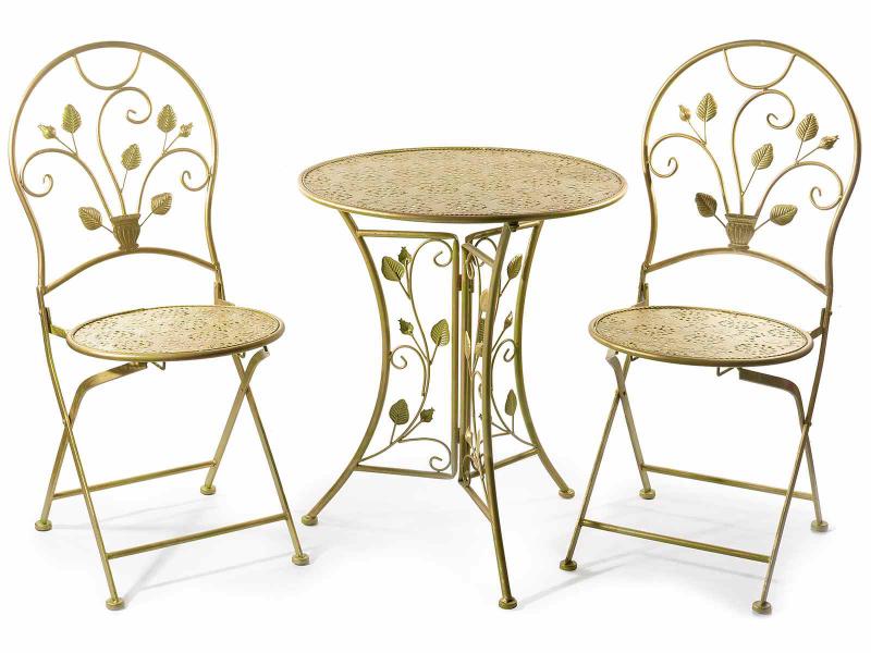 Kerti asztal és szék szett, fémből készült zöldes arany színben