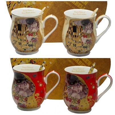Klimt porcelán bögre kanállal 350 ml - 2 személyes készlet - szív dobozos, 2 féle színben