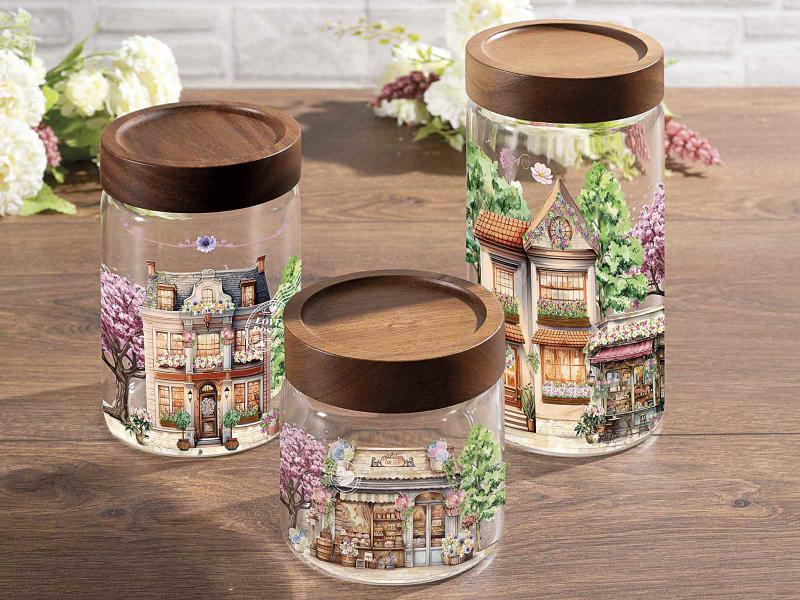 Különleges falusi mintával díszített 3 db-os tároló üveg szett tetővel