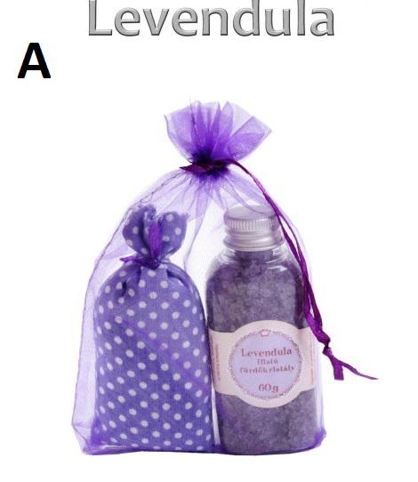 Levendula illatú fürdőkristály vagy szappan illatosító zsákkal, szettben