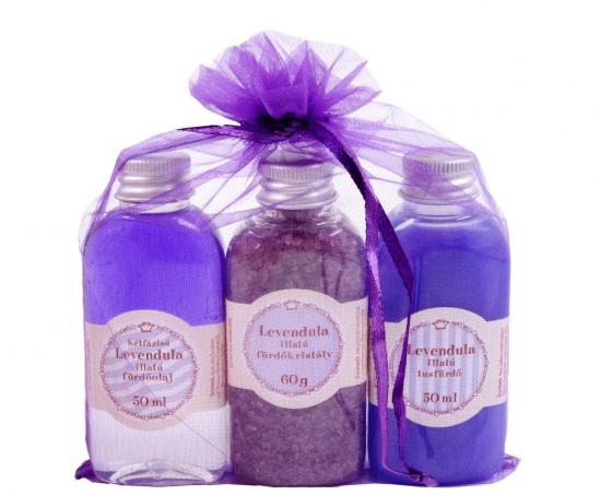 Levendula illatú fürdőolaj, fürdőkristály, tusfürdő organza zsákban