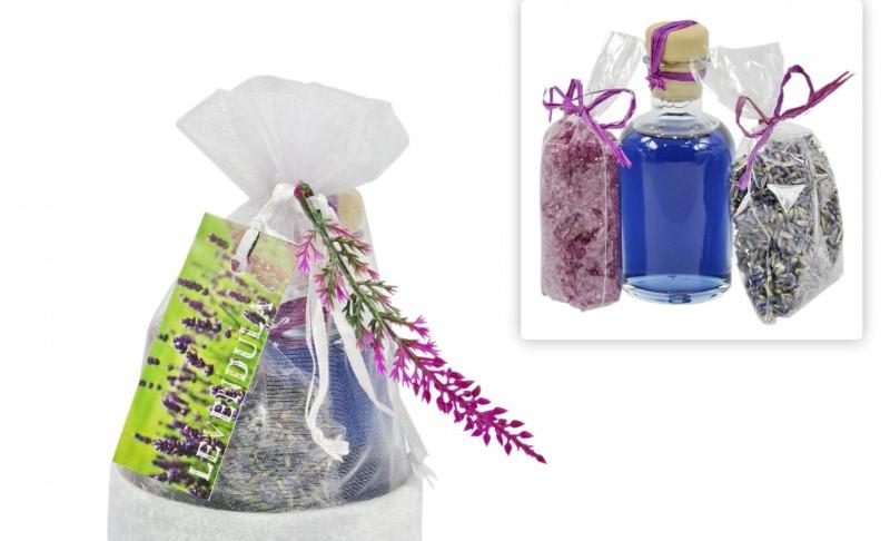 Levendula illatú habfürdő, levendulás fürdőkristály és levendulavirág organza szettben