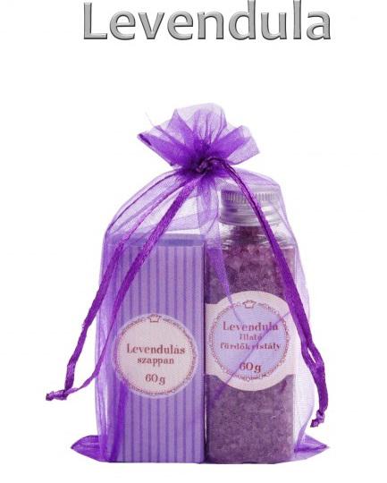 Levendula illatú szappan és fürdőkristály szett organza zsákban
