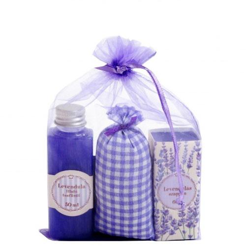 Levendula illatú tusfürdő, szappan és illatosító szett organza zsákban