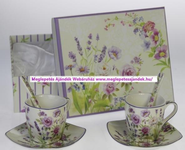 Levendula kávés csésze + alátét 2 db díszdobozban