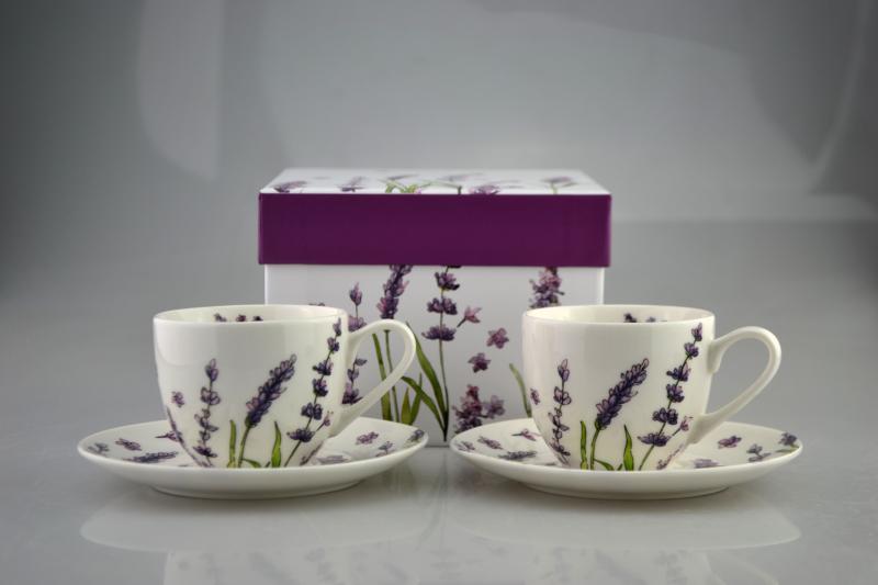Levendula mintás kávés csésze + 2 db alátét díszdobozban