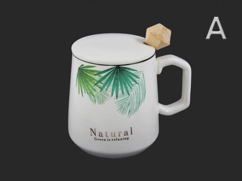Natural design, levél mintás bögre kanállal és tetővel