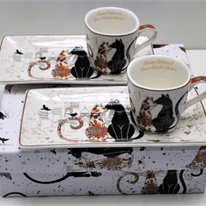 Cica mintás kávés csésze + alátét, díszdobozban