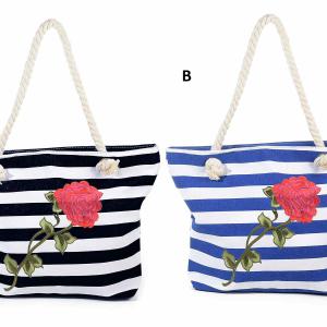 Csíkos ( matróz ) táska hímzett rózsával, kötélpánttal, 2 féle színben