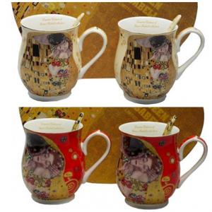 Klimt porcelán bögre kanállal 350 ml - 2 személyes készlet - szív dobozos, 2 féle színben