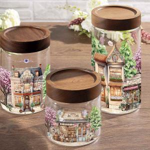 Különleges falusi mintával díszített 3 db-os tároló üveg szett tetővel