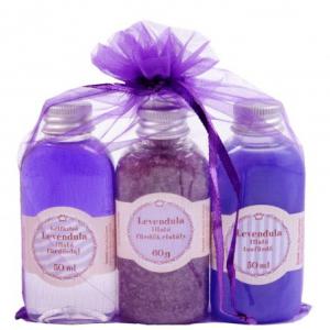 Levendula illatú fürdőolaj, fürdőkristály, tusfürdő organza zsákban