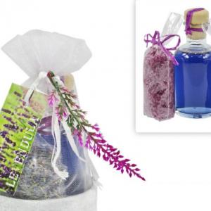 Levendula illatú habfürdő, levendulás fürdőkristály és levendulavirág organza szettben