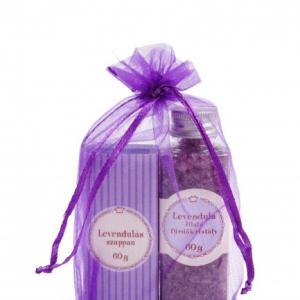 Levendula illatú szappan és fürdőkristály szett organza zsákban