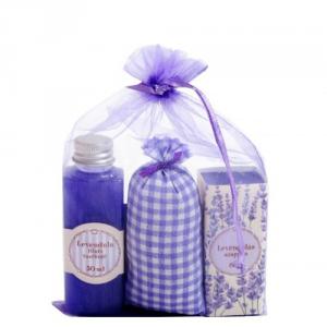 Levendula illatú tusfürdő, szappan és illatosító szett organza zsákban