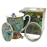 Van Gogh Mandulavirágzás vagy Íriszek porcelán bögre fémszűrővel és tetővel 270 ml - díszdobozos