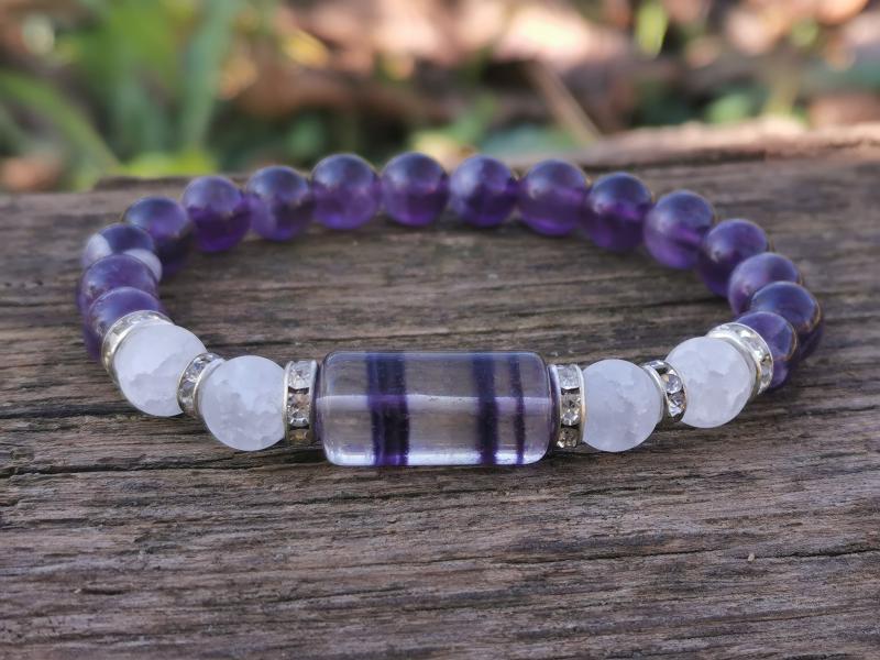 Ametiszt-Fluorit-Hegyikristály karkötő