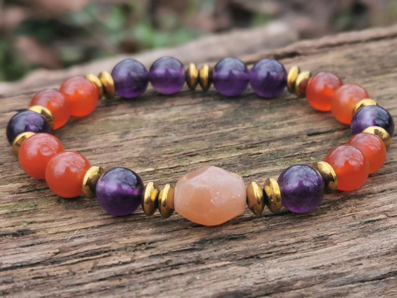 Karneol, Ametiszt, Napkő, Hematit karkötő