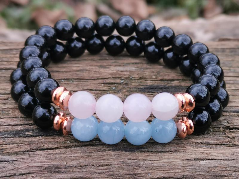 Ónix-rózskvarc -akvamarin barátság karkötő
