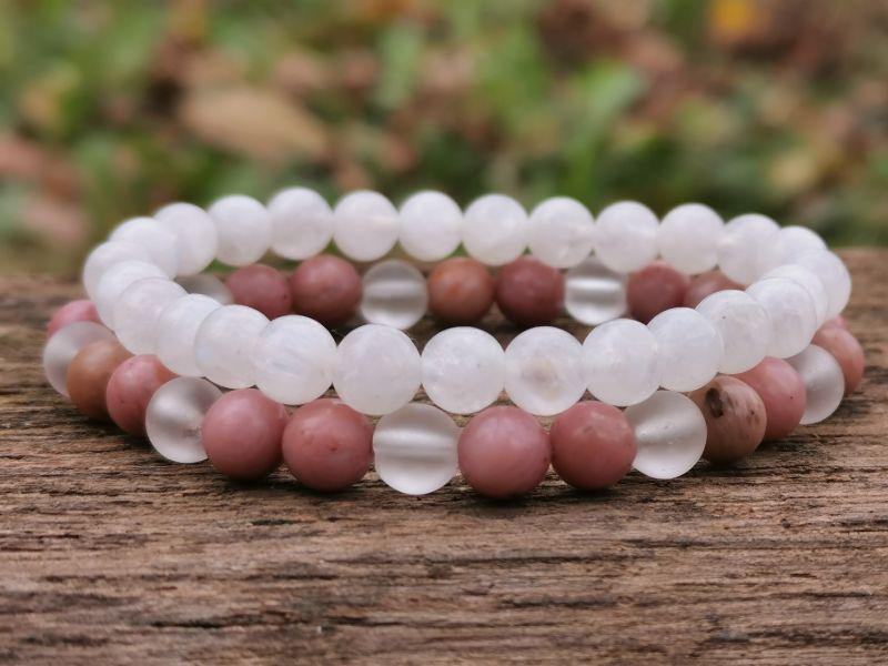 Rodokrozit-Hegyikristály-Holdkő karkötő szett