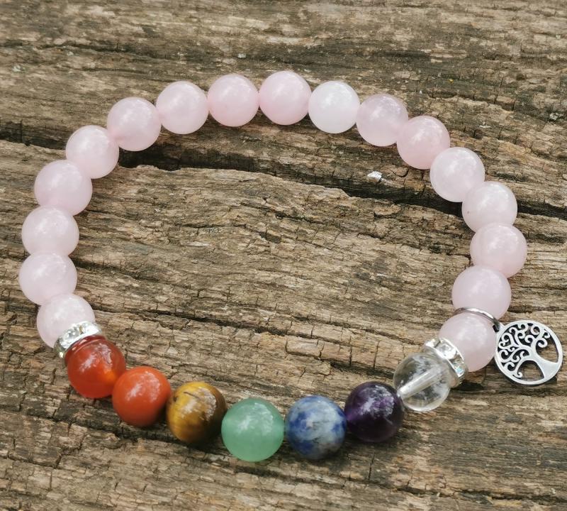 Rózsakvarc csakra karkötő életfával