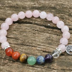 Rózsakvarc csakra karkötő életfával