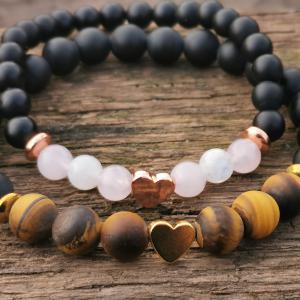 Tigrisszem-Ónix-Rózsakvarc páros karkötő
