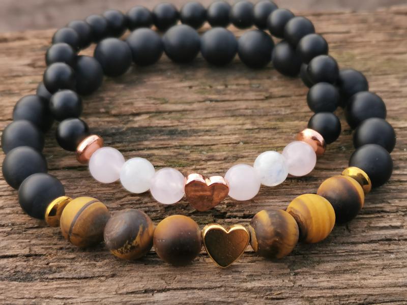 Tigrisszem-Ónix-Rózsakvarc páros karkötő