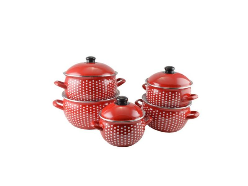 ZOMÁNC EDÉNYKÉSZLET PIROS PÖTTYÖS 10 RÉSZES