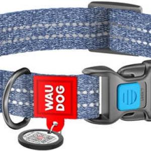 WAUDOG Re-cotton, Reflective Dog collar (XL) - nyakörv, újrahasznosított pamutból (QR kódos, fényvisszaverő csíkkal, kék) kutyák részére (37-58cm/25mm)