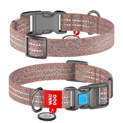WAUDOG Re-cotton, Reflective Dog collar (M) - nyakörv, újrahasznosított pamutból (QR kódos, fényvisszaverő csíkkal, barna) kutyák részére (24-40cm/20mm)