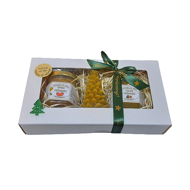 2x50 g ízesített méz, fenyőfa gyertyával, fehér karton díszdobozban, szalaggal