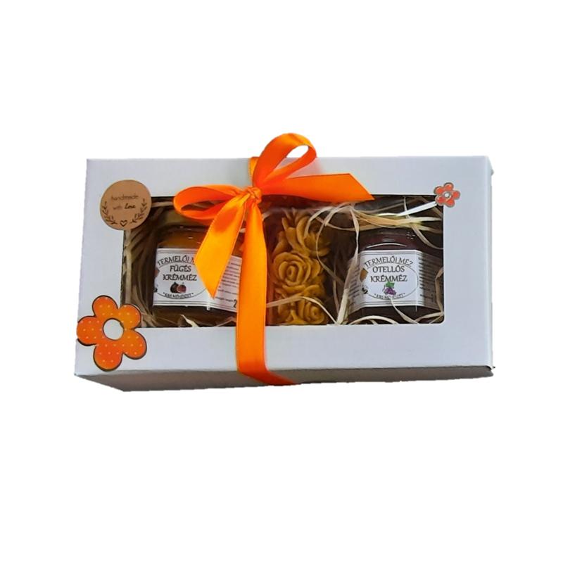 2x50 g ízesített méz, rózsás gyertyával, karton díszdobozban, szalaggal