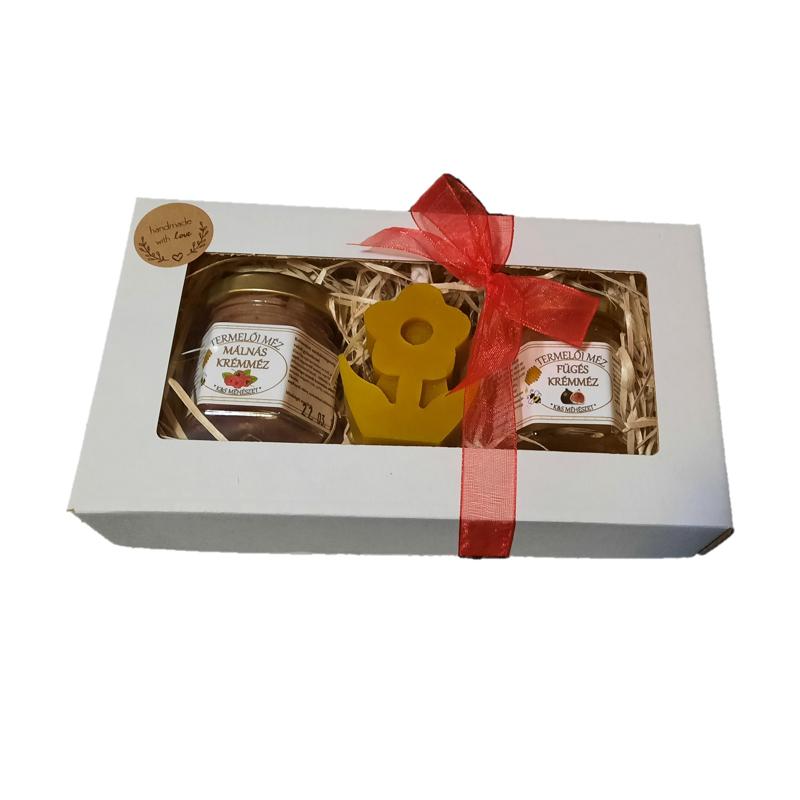 2x50 g ízesített méz, virág gyertyával, karton díszdobozban, szalaggal