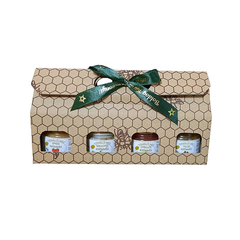4x30 g ízesített méz, házikó díszdobozban, szalaggal