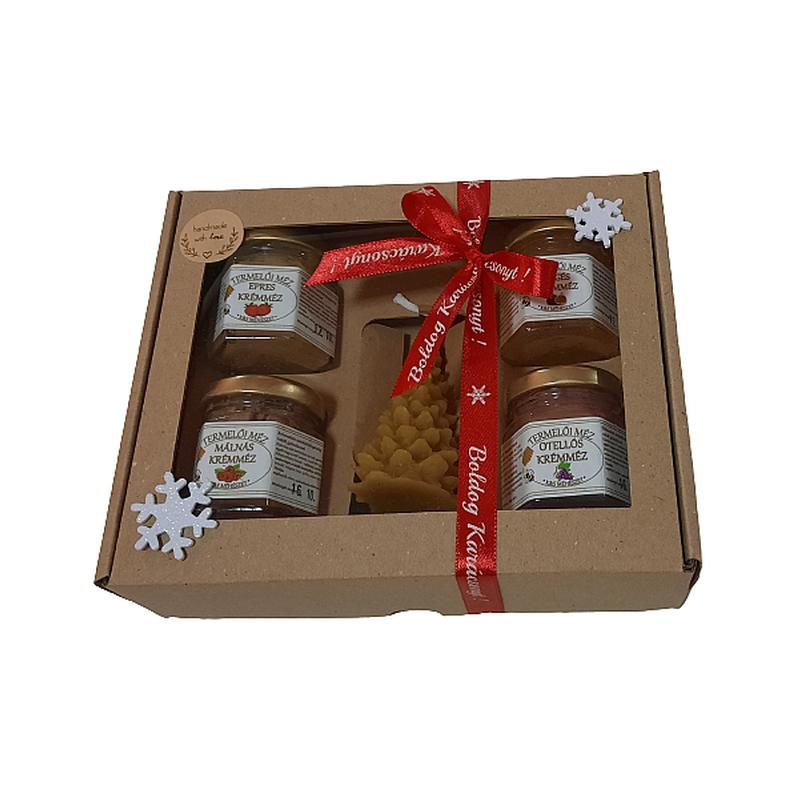 4x50 g ízesített méz, fenyő gyertyával, barna karton díszdobozban, szalaggal