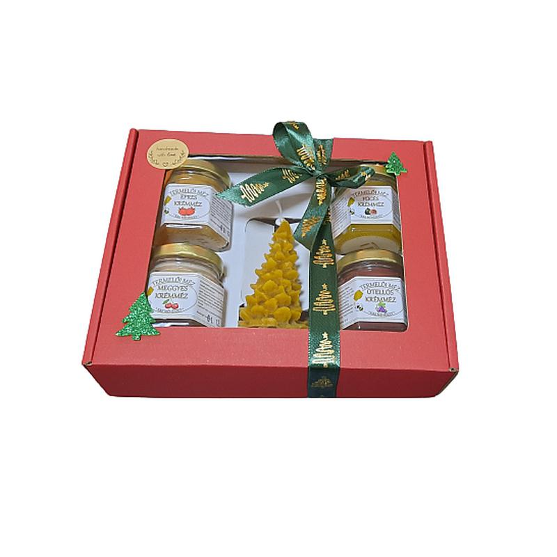 4x50 g ízesített méz, fenyő gyertyával, bordó karton díszdobozban, szalaggal