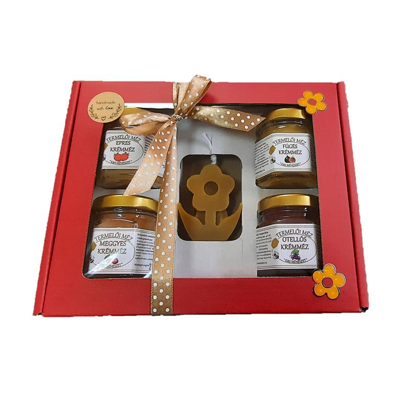 4x50 g ízesített méz, virág gyertyával, bordó karton díszdobozban, szalaggal