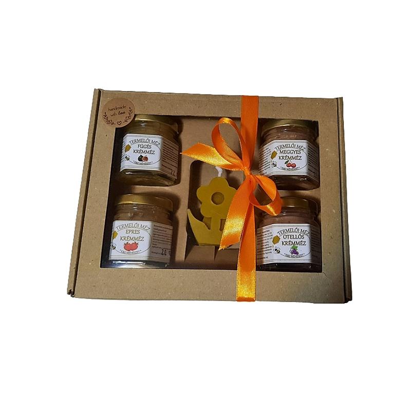4x50 g ízesített méz, virág gyertyával, karton díszdobozban, szalaggal