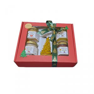 4x50 g ízesített méz, fenyő gyertyával, bordó karton díszdobozban, szalaggal