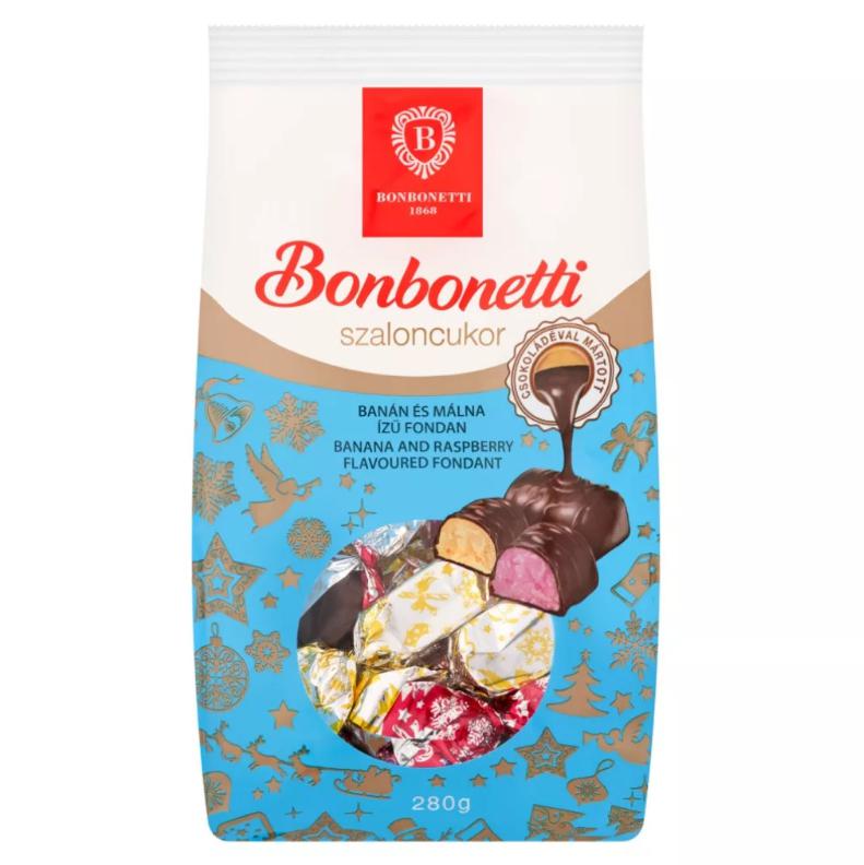 Bonbonetti szaloncukor 280g banán és málna ízű konzum étcsokoládéval mártott