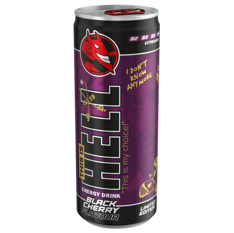 HELL Black Cherry fekete cseresznye- és tuttifruttiízű, koffeintartalmú szénsavas ital 250 ml