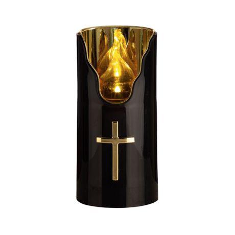 Kegyeleti gyertya LED Candle 707 15x7,5cm fehér/fekete arany kereszttel (elemmel)